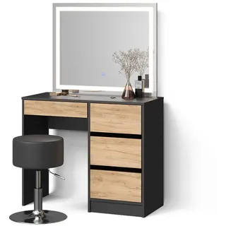 livinity Livinity® Schminktisch Imola, mit LED-Spiegel und Hocker, Anthrazit/Goldkraft Eiche - Grau