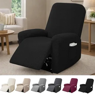 Hengrongshen 1-Sitzer Sessel Überzug, Sesselbezuge Stretch mit Taschen, All-Inclusive Streifen-Jacquard Sesselschoner für Fernsehsessel Relaxsessel Sesselhusse (Schwarz, 4-Teilig)
