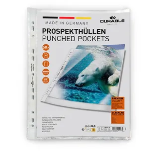 Durable Prospekthüllen A4 (Klarsichtfolien Premium, 0,08mm), A4 Klarsichthüllen, 50 Stück, glasklar, 267719