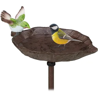 Relaxdays Gusseisen Vogeltränke zum Stecken, mit Erdspieß, Gartendeko, Vogelfutterstelle, Wasserschale, 1 m hoch, braun
