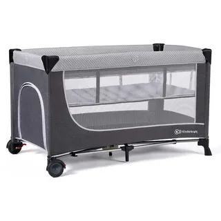 Kinderkraft LEODY Reisebett Baby mit Schlaffläche 120 x 60 cm, Höhenverstellbar, mit Rollen, schnelle Auf- und Zusammenklappen, Luftzirkulation, leicht zu transportieren mit Transporttasche, Grau
