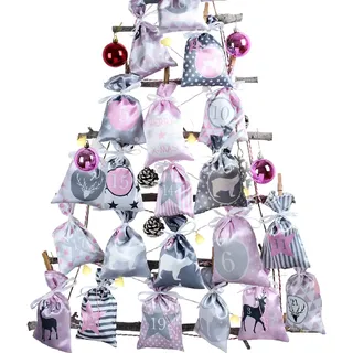 Adventskalender zum Befüllen Groß (12x21,5cm), 24 stoffsäckchen Kette zum selber Basteln und Aufhängen, 2025 Weihnachtskalender zum selbst füllen mit Rosa Grau Stoff Säckchen für Kinder Mädchen Frauen