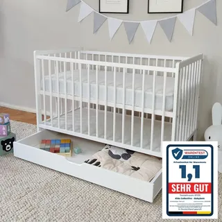 Kids Collective Babybett Kinderbett 60x120 cm Gitterbett Baby Bett Komplett-Set Beistellbett mitwachsend, Lattenrost höhenverstellbar mit abnehmba... | weiß