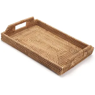 Rechteckige Rattan Serviertablett, Handgewebtes Serviertablett mit Griffen, Wicker Servierkorb, Dekoratives Tablett für Küche, Wohnzimmer (37 x 26 x 3.5 cm)