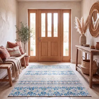 SAFAVIEH Boho Teppich für Wohnzimmer, Esszimmer, Schlafzimmer - Madison Collection, Kurzer Flor, Grau und Türkis, 155 X 229 cm