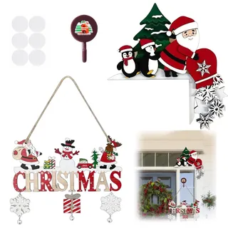Weihnachtsdeko Tür Set 3 Stück Türrahmen Dekoration Holz Bunt mit Haken und doppelseitigem Kleber für Weihnachten Innen Außen Party Fenster Wand