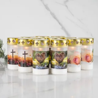 12er Set HOFER GRABKERZEN klein | ca. 48 Std. Brenndauer | Trauerkerzen mit Deckel | Grablicht, Friedhofskerze mit farbigen Motiv | Kerzen für Grabdeko und Grabschmuck