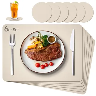 IKWOLETI Tischsets Abwaschbar mit Untersetzer - 6er Set Platzsets Abwaschbar aus Kunstleder - Doppelseitige Platzdeckchen in Lederoptik - Ideal für Küche und Büro Beige