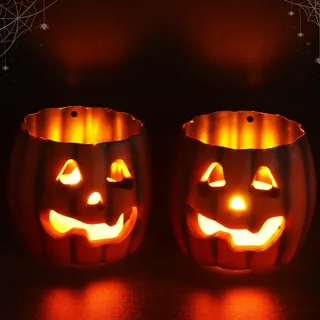 Halloween Kerzen LED Deko, 2 Stück Kürbislicht LED, Kürbis Kerze, Flammenlose Kerzen Pumpkin Licht, Teelichter Deko, Batteriebetriebene Teelichter, Halloween Dekoration Party Tischdeko für Innen