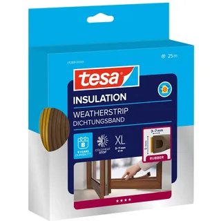 Tesa INSULATION Gummidichtung XL - Selbstklebende Dichtung zum Isolieren von Spalten an Fenstern und Türen - Braun 25 m x 9 mm x 7 mm