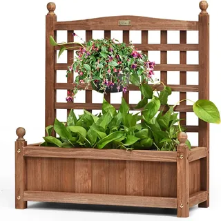 FANTASK Blumenkasten mit Rankgitter, Pflanzkasten Holz, Hochbeet mit Spalier, Blumenkübel Rankhilfe, Gartenspalier Rankkasten für Kletterpflanze