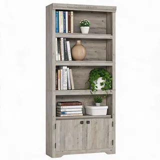 IDEALHOUSE Landhaus Bücherregal 175 cm, Bücherschrank Mit 5 Ebenen-2 Türen | Standregal mit verstellbare rutschfeste Einlegeböden, offenes Aufbewahrungsregal für Homeoffice&Wohnzimmer