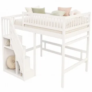 Stilvora Hochbett 140/200 cm in Weiß Jugendbett mit Aufbewahrungstreppe und Stauraum , Holz , 140x200 cm , Babymöbel & Kindermöbel, Kinderzimmer & Jugendzimmer, Kinderbetten, Hochbetten