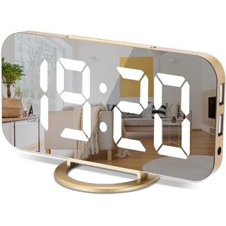 Sukeen Spiegel Digitaler Wecker, LED Große Display Uhr mit Weiße Großen Ziffern, 3 Helligkeitsstufen, Dual USB-Ports, Snooze, 12/24Hr, Moderner Tischuhren für Wohnzimmer Schlafzimmer-Gold