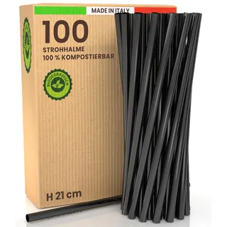 100 Umweltfreundliche ed Wiederverwendbare Trinkhalme – Farbe Schwarz | 21 cm x 6 mm, Ideal für Getränke, Cocktails, Veranstaltungen und Partys Made in Italy