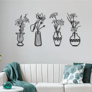 4 Pcs Metall Wanddeko Schwarz, Blumen Wanddekoration Wandbilder, Blume und Vase Deko wohnzimmer, Minimalistische Wandkunst für Schlafzimmer Wohnzimmer Hotels Fluren Flowers Wall Metal Black