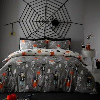 Bedlam - Halloween Party Bettwäsche - Einzelbett (140 x 200cm) - Wende-Design (2 Farben) - Leuchtet im Dunkeln - Gruseliger Kürbis, Geister & Skelette Bettwäsche - Perfekte Halloween Dekoration