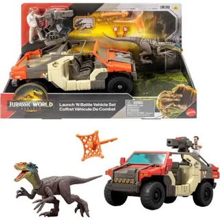 Mattel Jurassic World: Die Wiedergeburt Fahrzeug mit 1 menschlicher Figur und 1 Dinosaurier-Figur, 27 cm, mehrfarbig