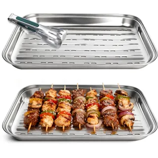 Niuny BBQ Grillschalen Aus Edelstahl 2Stk Grillschale Edelstahl mit 1 Grillzange 34,9x24,5x2,7cm Silber Gemüse Grillschale Wiederverwendbar mit Löchern Grillzubehör für Gemüse Fleisch und Fisch