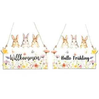 Osterdeko zum Aufhängen Frühlingsdeko Holz, Beidseitig Bedrucktes Türschild Willkommen & Hallo Frühling, Frühling Hängeschild Ostern Deko für Haustür, Vintage Zuhause, Garten
