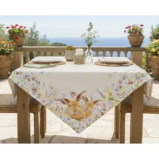 KAMACA Tischdecke Ostern & Frühling – 85x85 cm Mitteldecke Motiv Hasen auf der Blumenwiese – Bunte Ostertischdecke waschbar – Dekorative Tischwäsche für Küche & Wohnzimmer