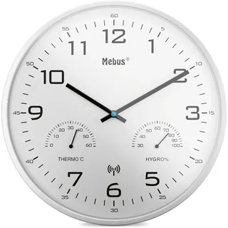 Mebus Moderne Funk-Wanduhr mit Temperaturanzeige und Luftfeuchtigkeit, 30 cm, Funk-Uhr, Wohnzimmer, Küchenuhr/Modell: 52841 / Farbe: Weiß