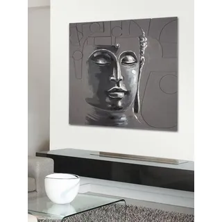 GILDE Deko großes Bild XL Wandbild Wohnzimmer groß - Leinwandbild Buddhamotiv - quadratisches Buddha Bild auf Lein Wand 3D Optik - grau 100 x 100 cm