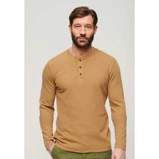 Langarmshirt SUPERDRY "WAFFLE LONG SLEEVE HENLEY TOP", Herren, Gr. XXL, braun (classic braun camel), Single Jersey, Obermaterial: 100% Baumwolle, unifarben, relaxed fit normal, Rundhals, Shirts Langarmshirt, Topseller