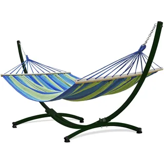 Potenza Outdoor Hängematte mit Gestell für 2 Personen I Stabhängematte XXL 220x160, 200kg I Hängemattengestell 220kg Wetterfest (Grün-Blau, Gestell Grün)