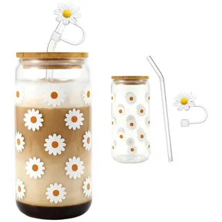 xianynow Ästhetisches Trinkglas mit Strohhalm und Deckel – 500ml Glasbecher für Bubble Tea, Eiskaffee und Smoothies – Eleganter Gänseblümchen Blumenbecher für Clean Girl Stuff