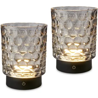 BRILONER - 2er Set LED Tischlampe kabellos, Glaskorpus, Touch, dimmbar | 2er Set, Grau, Nachttischlampe, Dekolampe, Akku Wechselbar, Wohnzimmer, Kinderzimmer, 2W, 150lm, 2.700K, IP44, Lampe