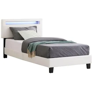 CARO-Möbel Polsterbett Benito 90x200 cm mit LED Beleuchtung, modernes Einzelbett mit verstellbarem Kopfteil, Jugendbett mit Bezug aus Lederimitat in weiß Textil, Mode, , 90x200 cm , Schlafzimmer, Betten, Polsterbetten
