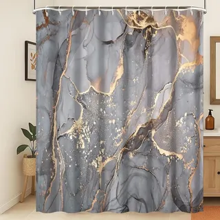 Xiaoterna Marmor Duschvorhang Moderne Abstrakt Grau Golde Marmor Badezimmer Vorhang Grau Goldene Spritzer Textil Wasserdichter Duschvorhang Maschinenwaschbar Wasserdichter Stoff 180x220cm