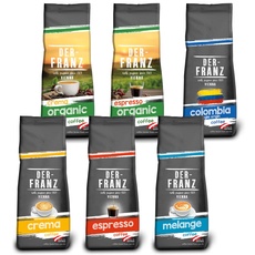 Der-Franz Kaffee Pack, ganze Bohne, 6 x 500 g (1 x Crema, 1 x Espresso, 1 x Melange, 1 x Colombia, 1 x Espresso Organic, 1 x Crema Organic)