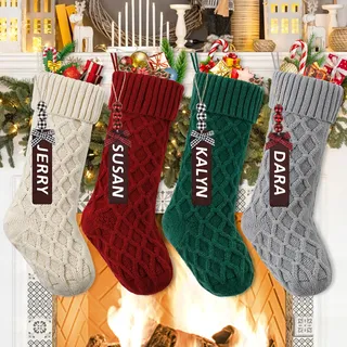 LOMOHOO 4er Set Weihnachtsstrumpf Personalisiert 46cm große Gestrick Nikolausstrumpf mit Namensschild, Klassische Christmas Stocking Weihnachtssocken zum Aufhängen Weihnachtsdeko für Kamin Baum