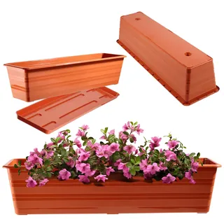 KADAX Blumenkasten 60 cm mit Untersetzern Terracotta, Balkontopf aus Kunststoff, Witterungsbeständiger Pflanz-Kasten, Blumentopf, Geländerkasten für Blumen, Kräuter