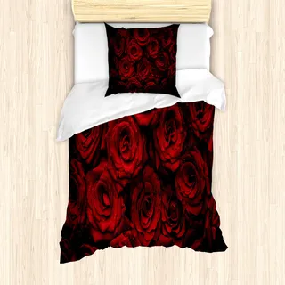 ABAKUHAUS Dunkelrot Mantele, Tropfen von Blooming Bouquet, Milbensicher Allergiker geeignet mit Kissenbezügen, 135 cm x 200 cm - 80 x 80 cm, rot schwarz - Rot, Schwarz