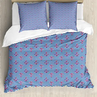 ABAKUHAUS Anker Bettbezug, Geometrische Küsten Entwurf, Milbensicher Allergiker geeignet mit Kissenbezügen, 200 cm x 200 cm - 80 x 80 cm, Violet Blue Dunkel Coral