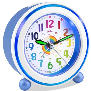 Ayybboo Wecker Kinder Ohne Ticken mit Snooze und Nachtlicht,Kinderwecker Batteriebetrieben Lernwecker für Jungen und Mädchen,Quarz Analog Wecker für Kinder (Regenbogenblau)