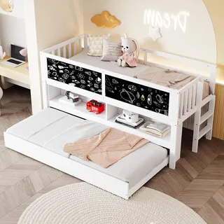 okwish Kinderbett 90x200 Halbhochbett mit Ausziehbett und Graffiti-Tafel,Kinderetagenbett Bettgestell mit Kletterleiter und integrierten Regale,ohne Matratze,weiß - Weiß