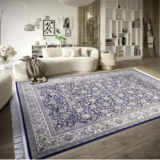 Villeroy & Boch Kurzflor Teppich Alfred - Orientalischer Wohnzimmerteppich - Dicht gewebt mit Fransen - Klassischer Teppich für Wohnzimmer, Schlafzimmer, Esszimmer, Flur – Blau Creme, 155x235cm