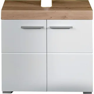 VCM trendteam Bad Waschbeckenunterschrank Amanda Asteiche Melamin/Weiß Hochglanz Tiefzieh 60 x 56 x 34 cm - Weiß