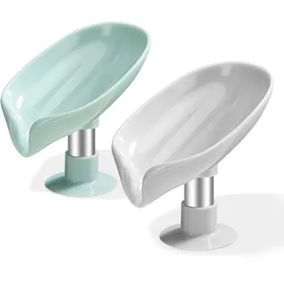 2 Stück seifenschale mit abfluss, Seifenhalter ohne Bohren ,festes Shampoo aufbewahrung,Seifenschale In BläTterform Küchenschwammhalter,Seifenschalen für die Dusche im Badezimmer (Grün und Grau