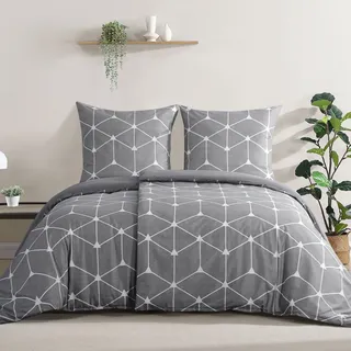 RUIKASI Bettwäsche 135x200 4teilig Hellgrau - Bettbezüge 135 x 200 2er Set mit Geometrie Muster, Bettwäsche-Sets 135x200cm aus Mikrofaser mit Reißverschluss Weich und Bügelfrei