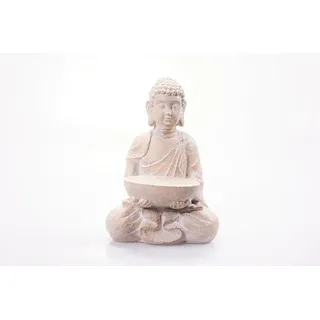 Hausleben Eleganter Sitzender Buddha mit Vogelbad – Magnesia Dekofigur in Creme 28,5×19×40 cm | Wetterfeste Gartenfigur & Wohn-Deko | Vielseitige Schale als Vogelbad, Kerzenhalter oder Dekoschale - Creme