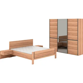 Musterring Schlafzimmer-Set "Sorrent, Kleiderschrank, Bett & Nachtkommoden, teilmassiv Eiche" 2er-Set Nachtschränke, Schwebetürenschrank 250 cm, Bett 180x200 cm, mit Schwebetürenschrank, Bett mit Stollenfuß, Breite Schrank 250 cm, braun