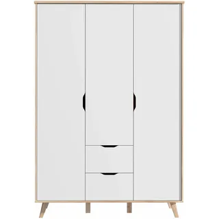 FORTE VANKKA Schrank 140 200, Kleiderschrank 2 Schubladen, Schlafzimmerschrank Jugendzimmerschrank, Kinderzimmer Skandinavisch 3-türig Weiß / Planked Eiche, 139 cm breit x 201.5 cm hoch x 53 cm tief
