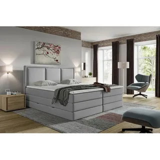 Mid.you Boxspringbett , Grau , Kunststoff , H2 + H3 , 7-Zonen , Höhe ca. 18 cm , 160x200 cm , Bettkasten, gepolstertes Kopfteil, Stoffauswahl, Topper durchgehend, Wendematratze mit unterschiedlichen Härtegraden, in verschiedenen Größen erhältlich , Schlafzimmer, Betten, Doppelbetten