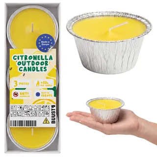 Citronella Kerze Outdoor Set [sehr intensiv] - 3 Stück Flammschalen - Natürliche Zitronenkerzen für den Sommer - natürliche Extrakte - Ohne Palmöl - lange Brenndauer - Made in Europe