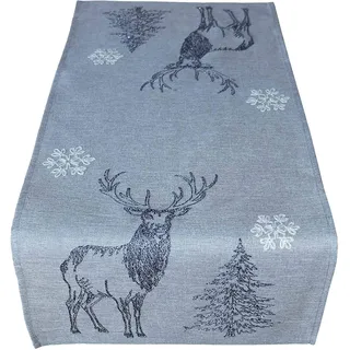 Raebel Tischläufer 40 x 85 cm Stickerei Elch Bäume Schneesterne grau weiß Silber Mitteldecke Weihnachten Deko Weihnachtstischdecke